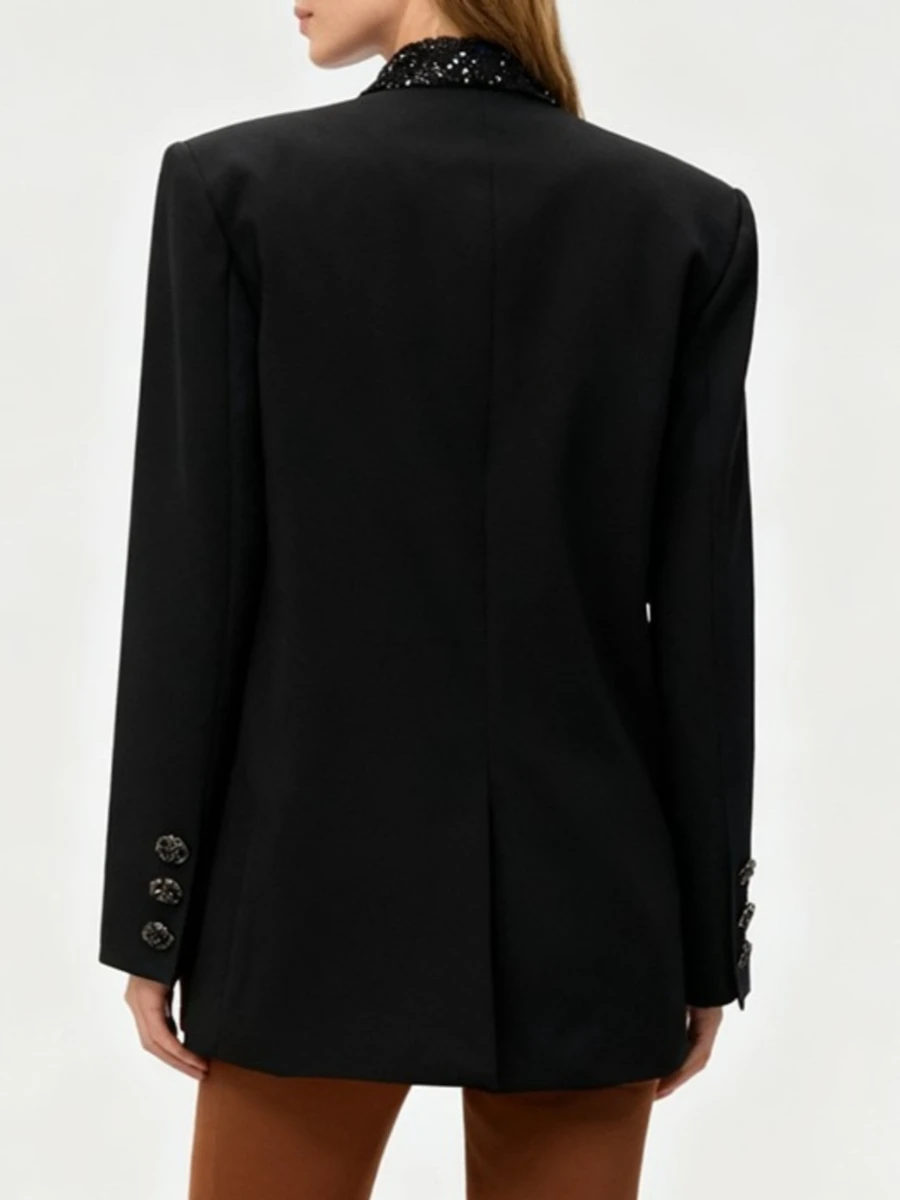 TWOTWINSTYLE الصلبة فضفاضة تقسم ثلاثية الأبعاد زهرة أنيقة بليزرات للنساء التلبيب طويلة الأكمام المرقعة الترتر سترة الموضة الإناث