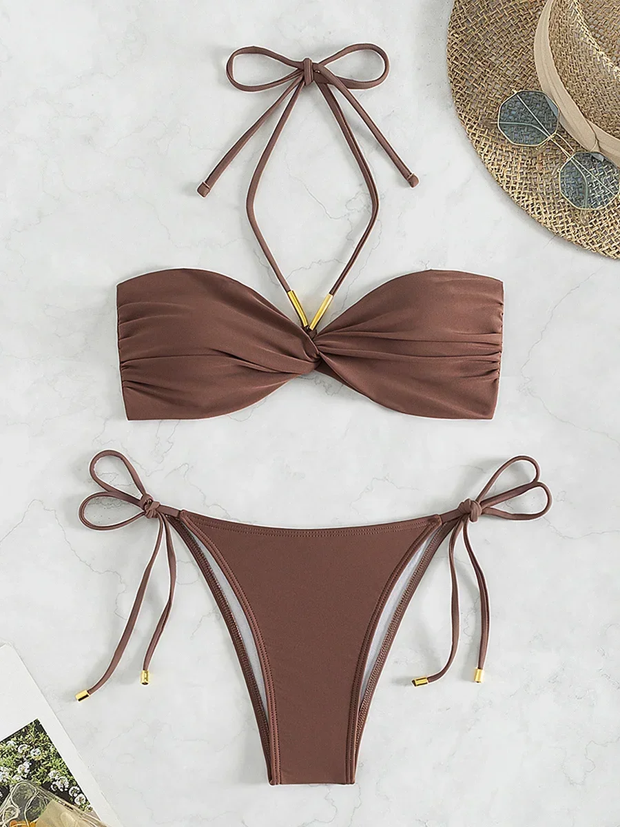 

XS - L Halter Wrinkled Bandeau Bikini Female Swimsuit Women Swimwear Two-pieces Bikini Set High Cut Bather Bathing Suit Swim