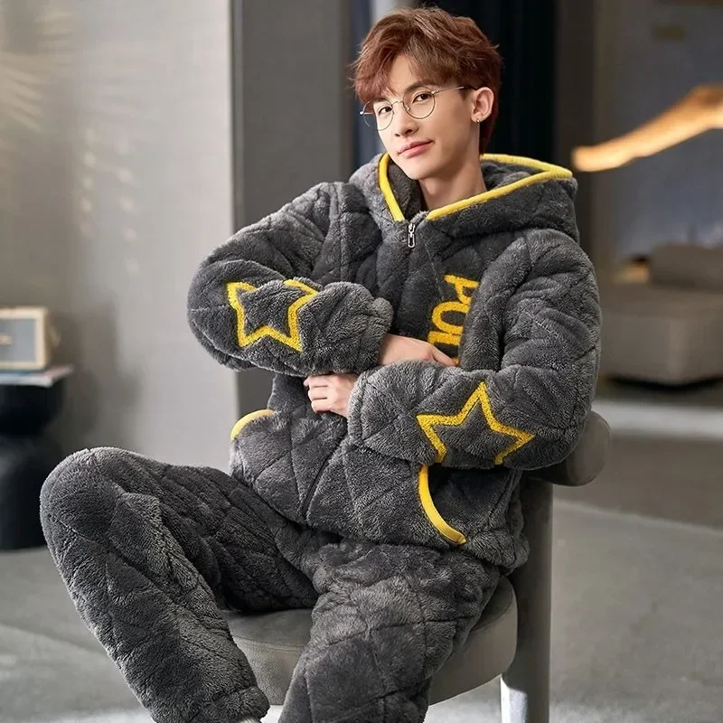 

Pajamas Men Homewear Suit Winter Coral Fleece Home Sleep Clothes Thick Nightgown 3-Layers Cotton Male Teen Plus Loungewear Set