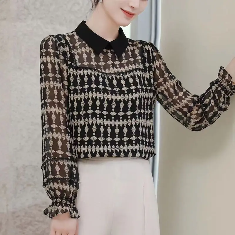 Blusa elegante de encaje para oficina para mujer, Camisa de gasa transpirable de manga larga con cuello vuelto, a la moda, combina con todo, 2022