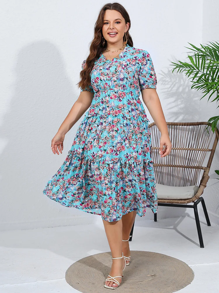 Gibsie Plus Size Poff Mouw Bloemenprint Chiffon Lange Jurk Vrouwen 2024 Zomervakantie Boho Strand Ruche Zoom A-Lijn Jurken