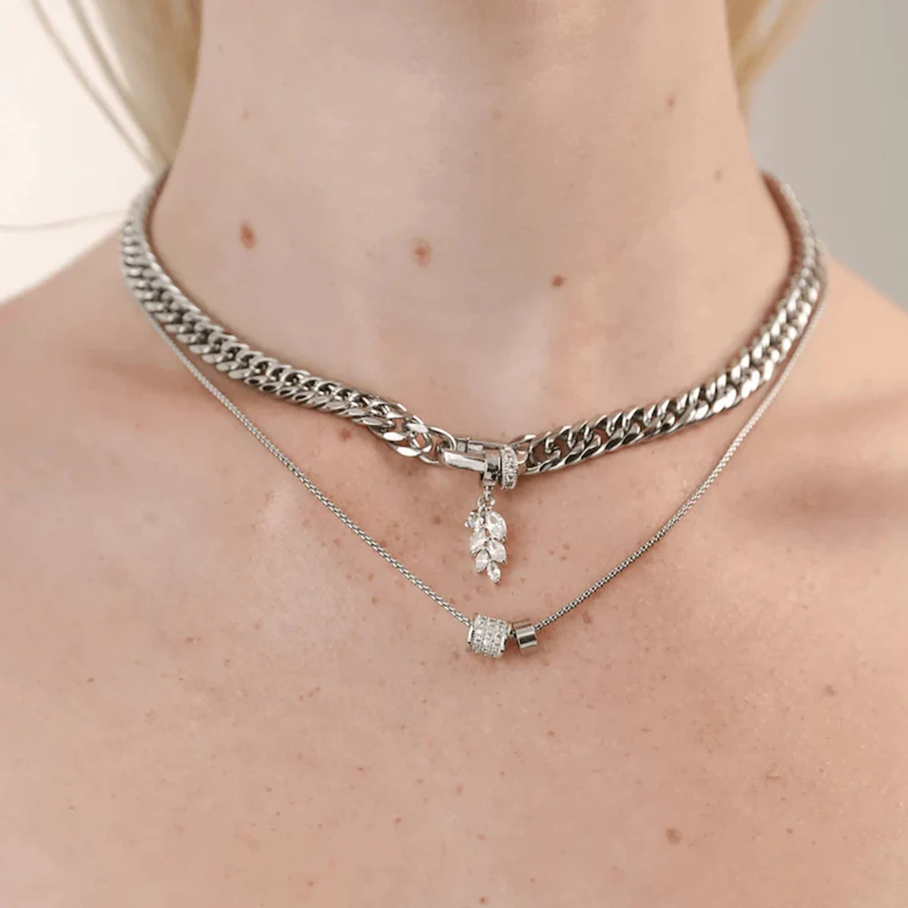 18K Gold Plated Two Tone Tarnish Free Stainless Steel High Polished Cuban Chains Choker Spring Clasp Necklaces for Women Jewelry