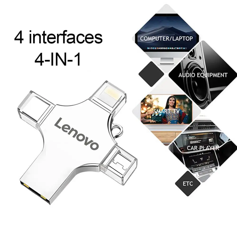 Lenovo-Pen Drive Lightning OTG, Pen Drive USB para iPhone, iPad, Android, Pendrive 1TB, Memory Stick 4 em 1 para PC, 2TB, 128GB, USB 3.0