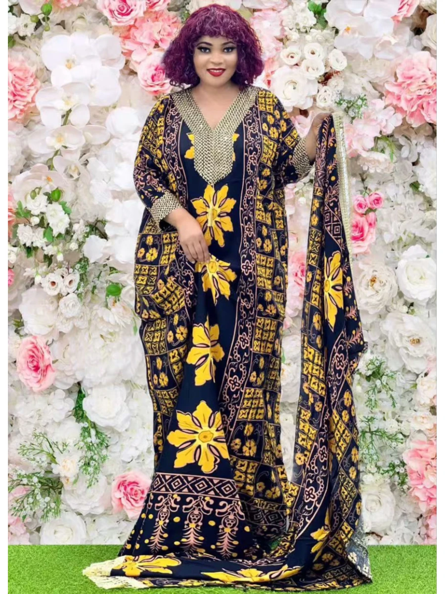 فستان عيد للسيدات الأفريقيات لعام 2025 مع وشاح كبير من القطن المموج مطبوع عليه زهور فضفاضة بوبو ماكسي إسلام عباية نسائية بأكمام قصيرة #4