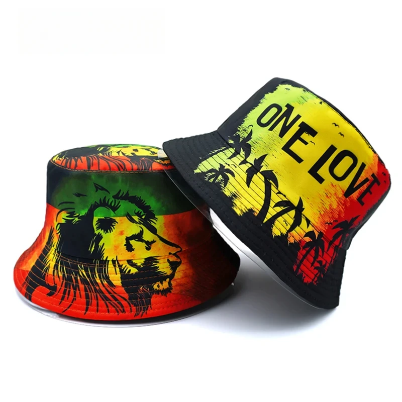 Rasta leão balde chapéu um amor impressão padrão pescador chapéus localização design dupla face panamá boné moda unisex chapéu de sol