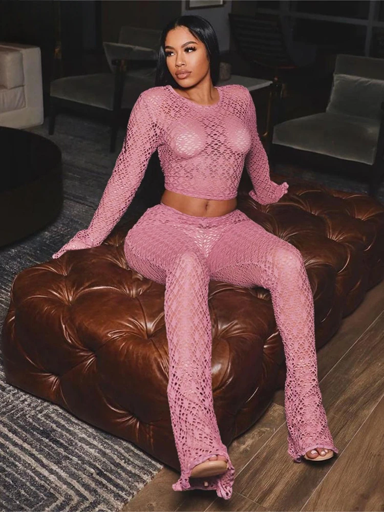 

Sexy Coquette 2 Piece Set Holes Solid Long Sleeve Slim Tops+High Waist Flare Pants See Through Female Midnight Clubwear