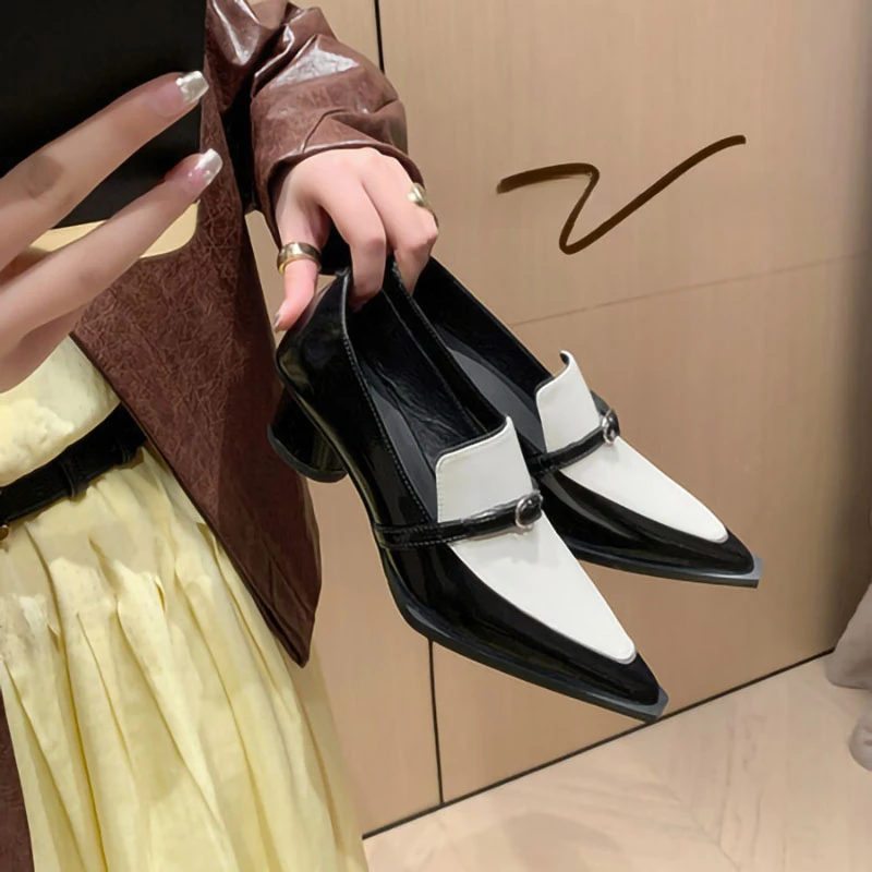 

Genuine leather retro pointed single shoes women's color blocked loafers temperament thick heels high heels work shoes