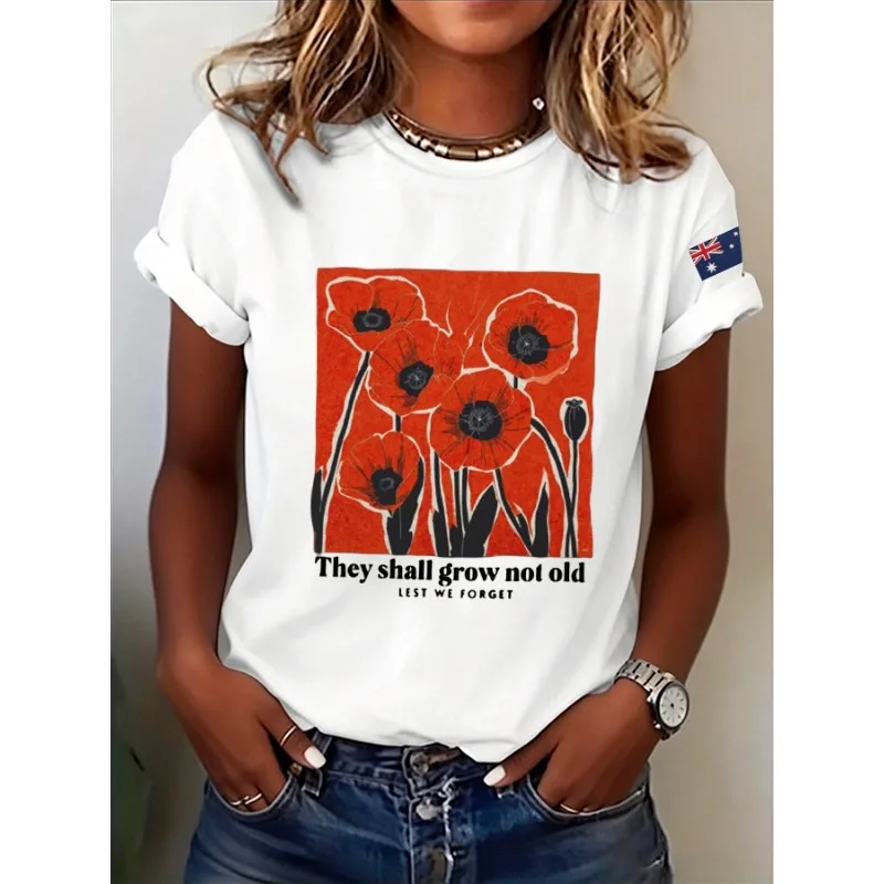 Women's Anzac Day Commemorative Lest We Forget Print T-Shirts Summer Casual Tees Short Sleeve Tops
