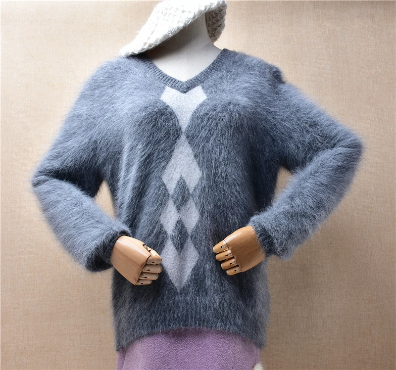 Ladies Women Fall Winter Clothing Grey Printing Hairy Mink Cashmere Knitted V-Neck Loose Pullover Angora Fur Jumper Sweater Pull