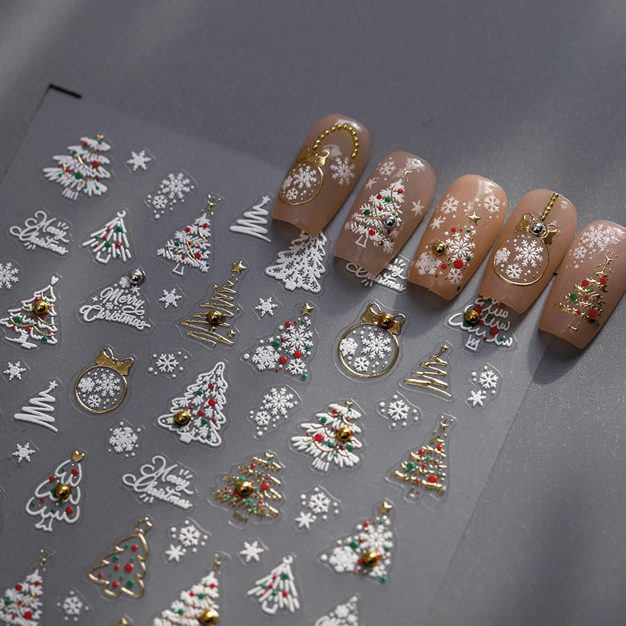 5D White Relief Glossy Gold Edge Christmas Tree Snowflake Crystal Ball Adhesive Nail Art Stickers Decals Manicure X'mas Charms