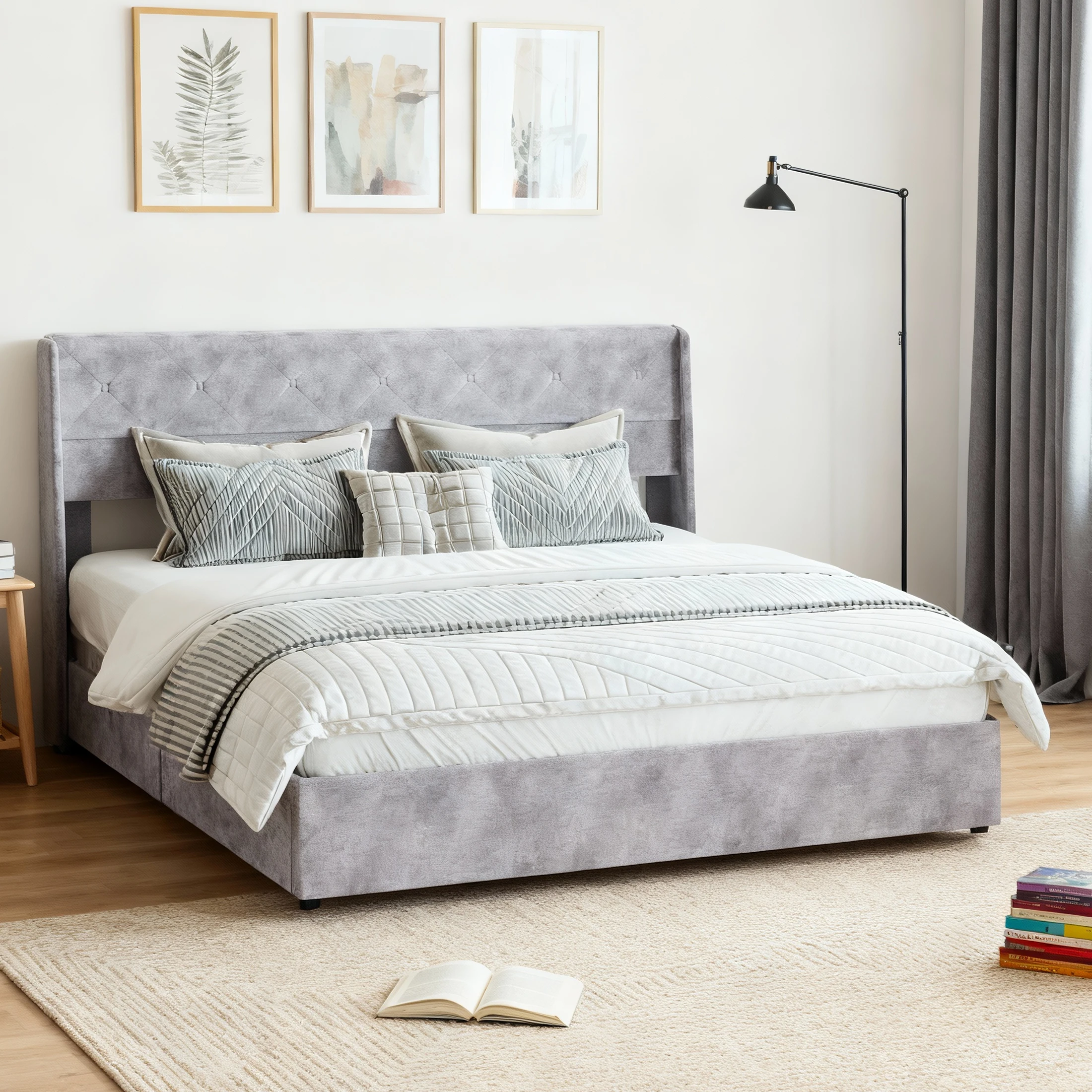 MCQ Lift Up Storage Bed Frame with Wingback Headboard Wood Slats Support Underbed Storage No Box Spring Needed Hydraulic Support Fabric Upholstered Platform Bed