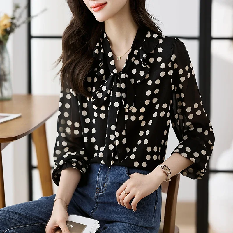 

New Chiffon Summer Women's Shirts Casual Fashion Simplicity Lace Tops Polka Dot Long Sleeved Bow Shirt