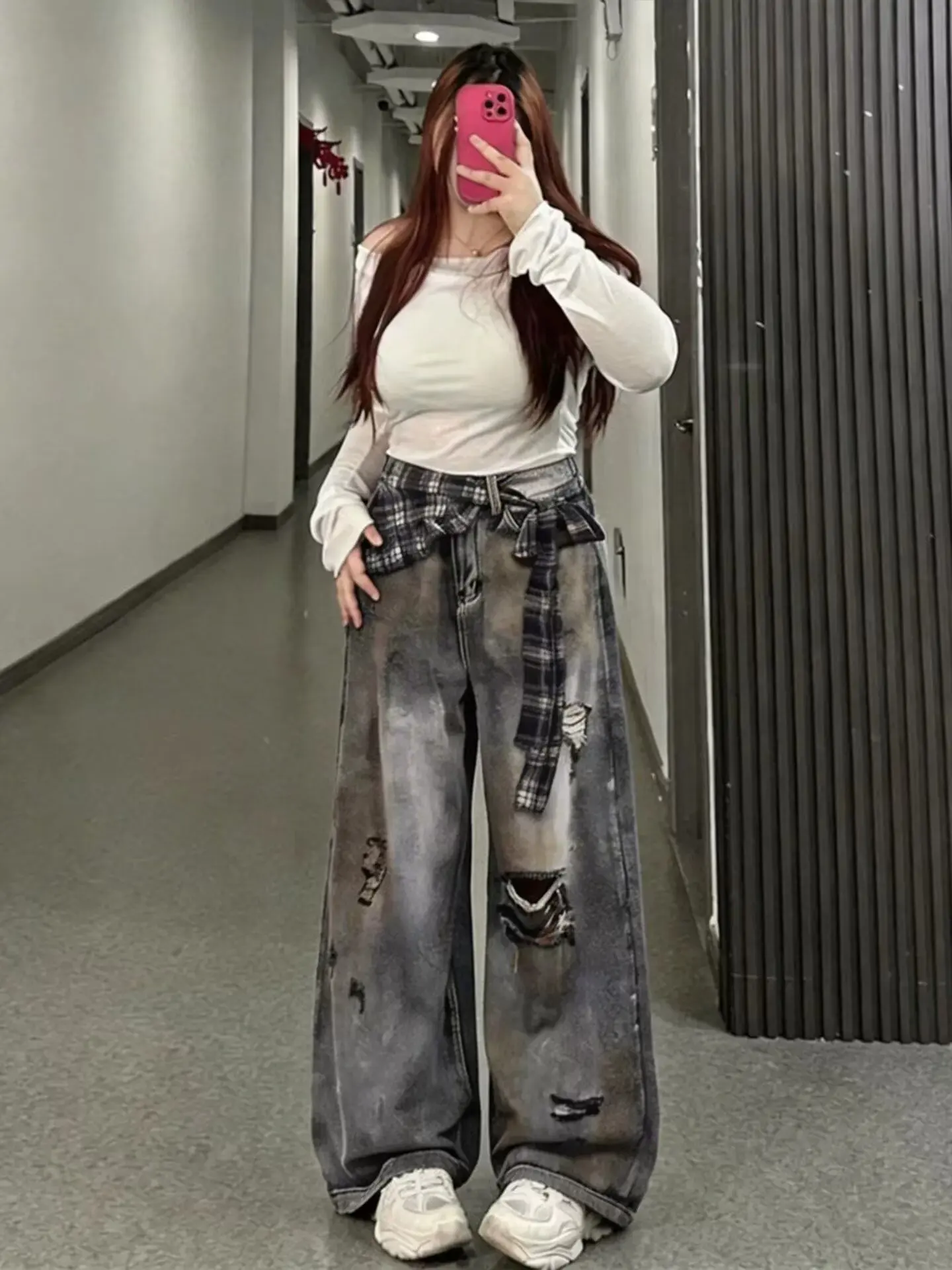 American High Street plus Size Women's Jeans High Waist Wide Leg Distressed Denim Hole Pants Black Grey Loose Clothing