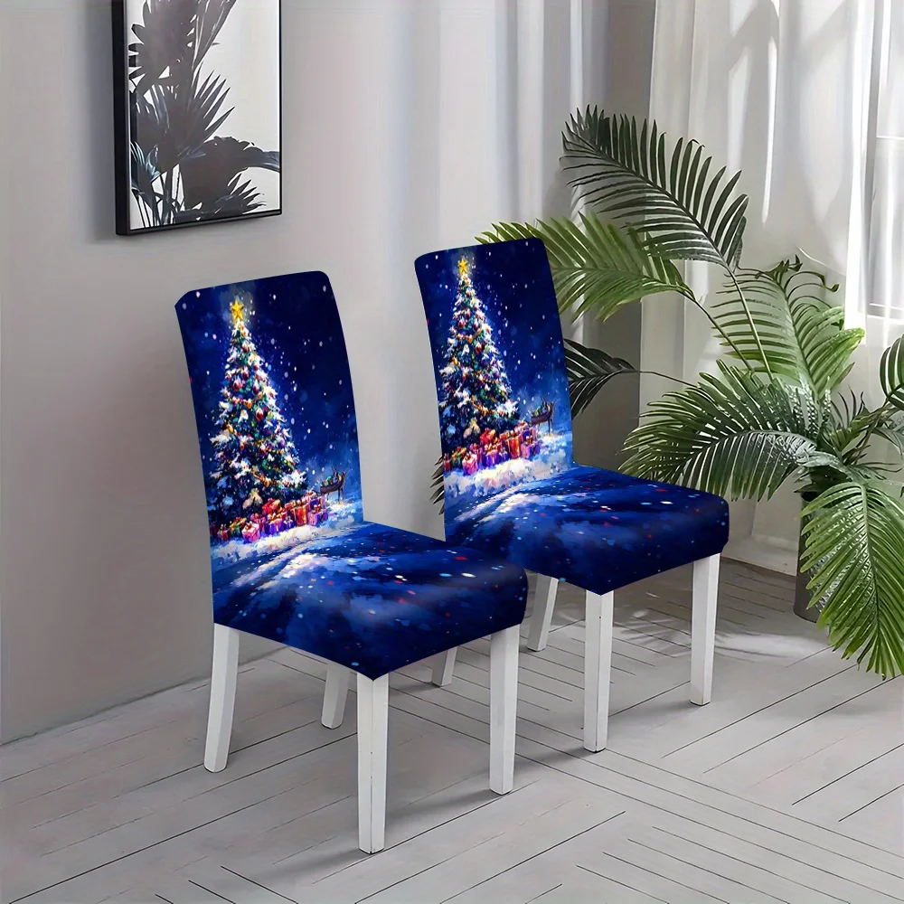 Night Scene Christmas Tree Gift Reindeer Stretch Dining Chair Cover, Slipcover for Indoor Winter Holiday Dining Room Decor