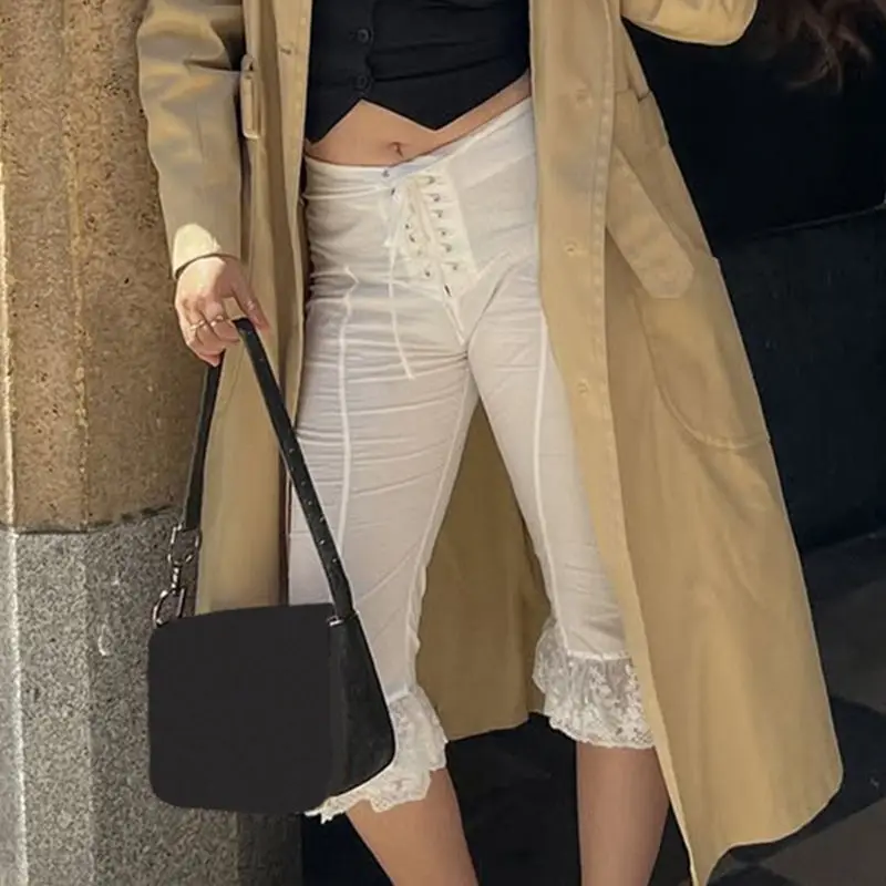 Girls' Style Lace Stitching Straps Five-point Pants Western-style Slim Joker Spice Girls Casual Pants