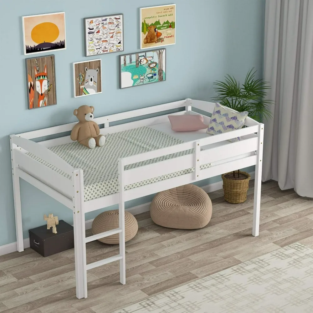 Cama alta doble, cama alta baja de madera maciza con riel protector y escalera, cama doble para niños y niñas para habitación de niños, no necesita somier