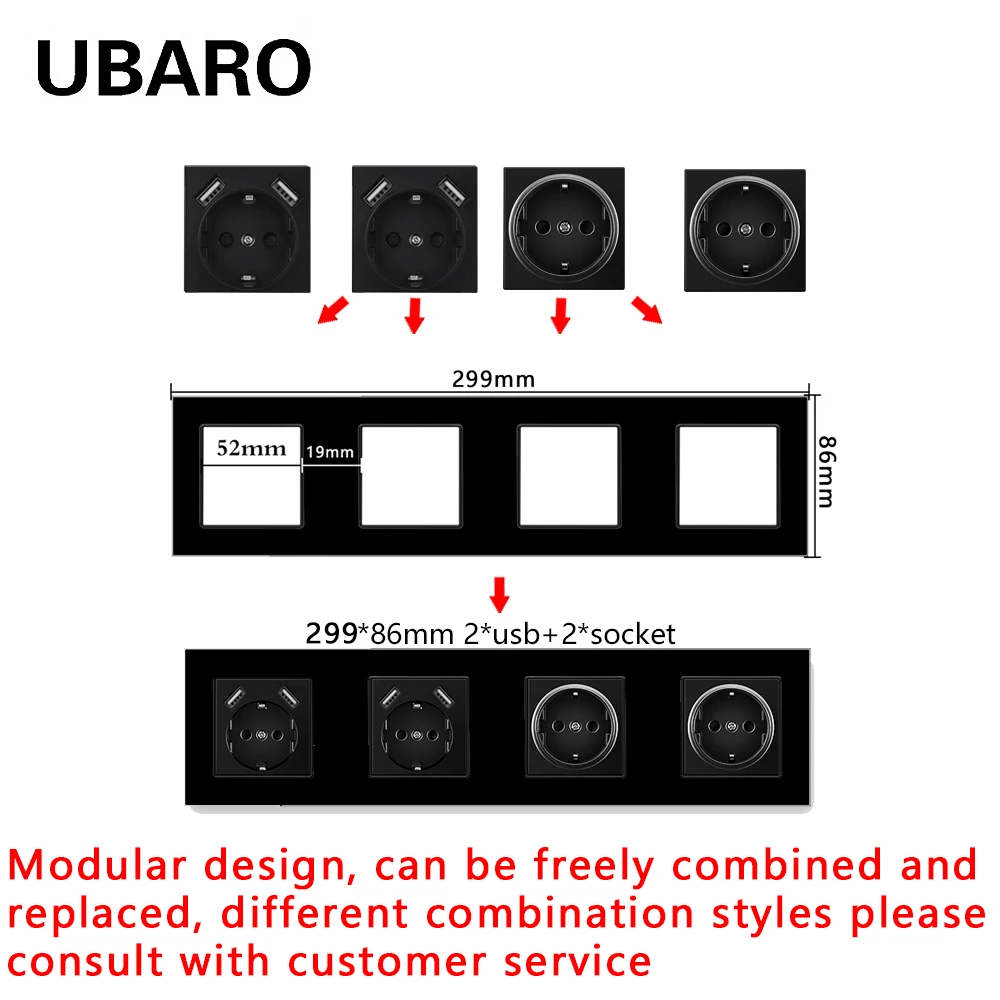 UBARO EU 52*52mm Wall Socket Module Glass Panel Frame Suitable for Round Installation Box USB TYPE C TV RJ45 Outlet 250V 16A Diy