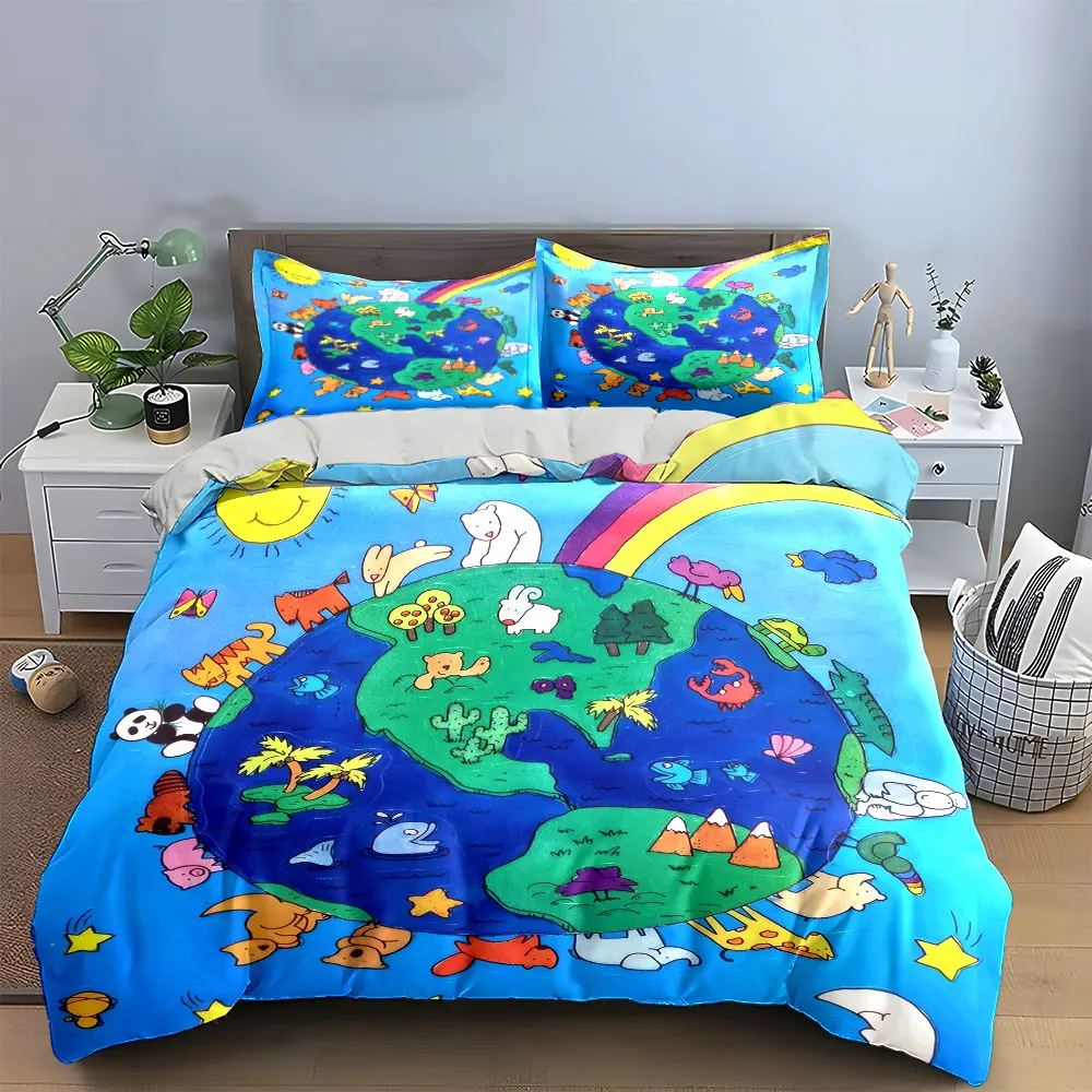 Kids Educational Earth Animals Set Bedding Set with 1 Duvet Cover 2 Pillowcases Single Double King Queen, Gift