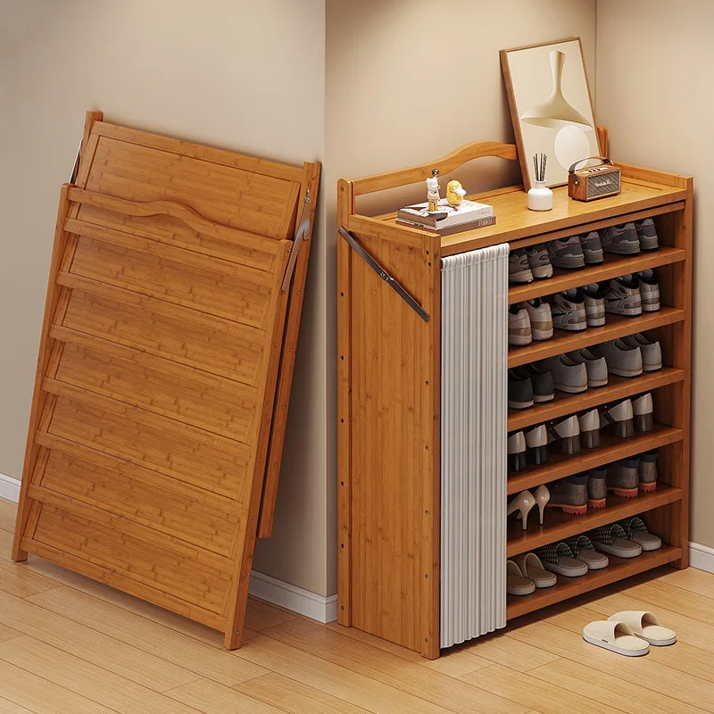 Installation-free simple home dust-proof shoe cabinet folding one-pull shoe rack multi-layer home door rental room shoe rack