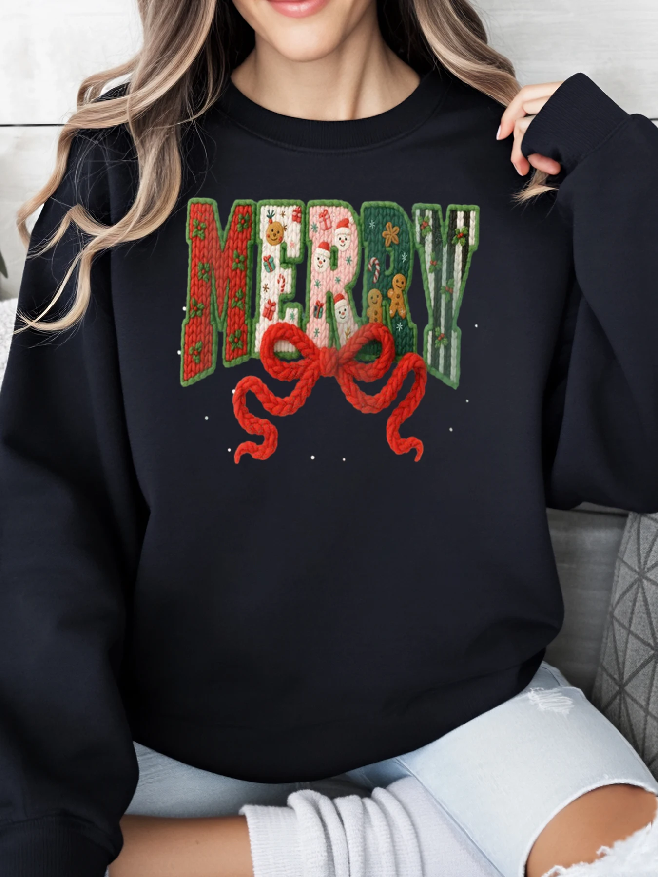 Merry Christmas Knit Pattern Sweatshirt Women Holiday Casual Wear Black Plus-Size