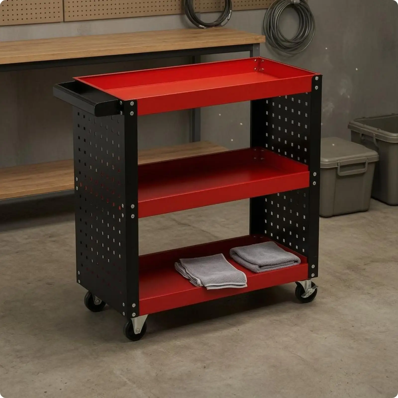 Rolling Metal Tool Cart Perforated Three-Tier Utility Side Handle Handle