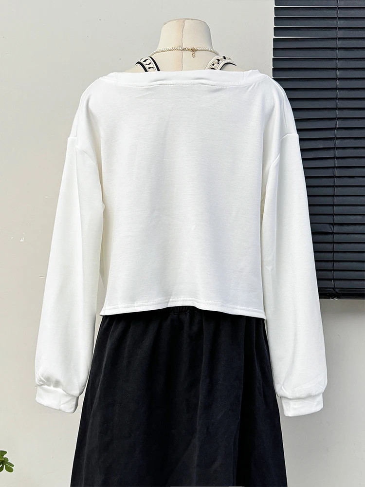 Korean V-Neck Fake Two-Piece Long Sleeved T-shirt For Women Spring Autumn Irregular Striped Patchwork Loose Female Short Tops