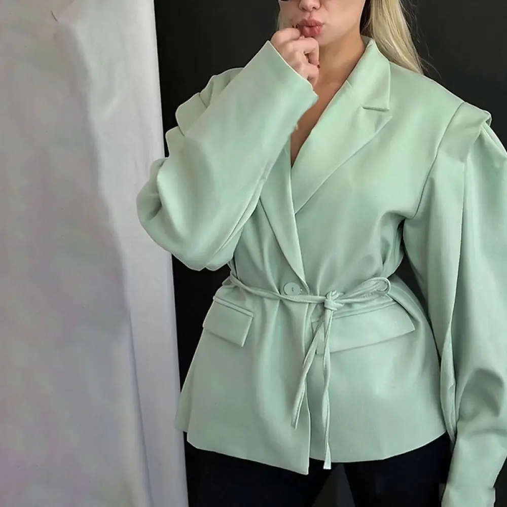 Trendy Women Blazer Jacket 2025 Spring Autumn Slim Fit Waist Tie Solid Color Elegant Business Professional Lady Outerwear