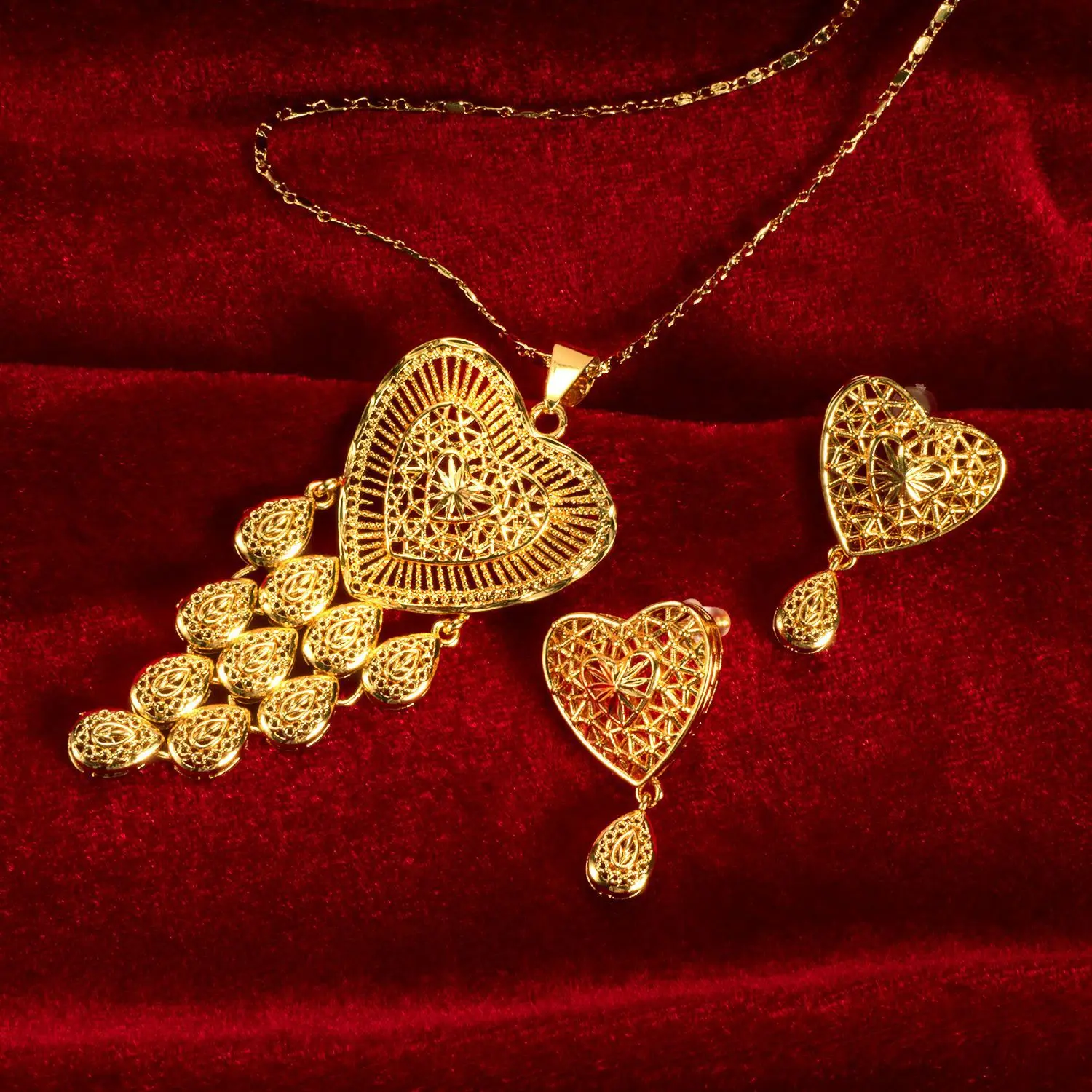 9999 gold heart-shaped pendant necklace earrings for wedding party and party set for Africa