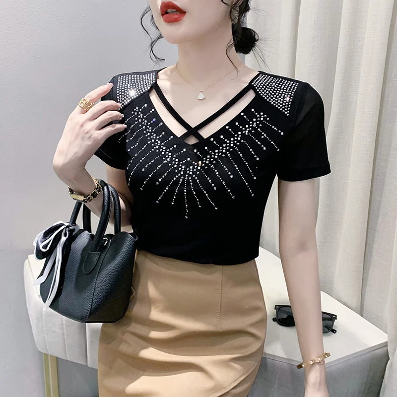 

Black Summer Korean Style T-Shirt Female Sexy Shiny Diamonds V-Neck Hot Drill Slim Mesh Tops Short Sleeves Elastic Tees New 4318