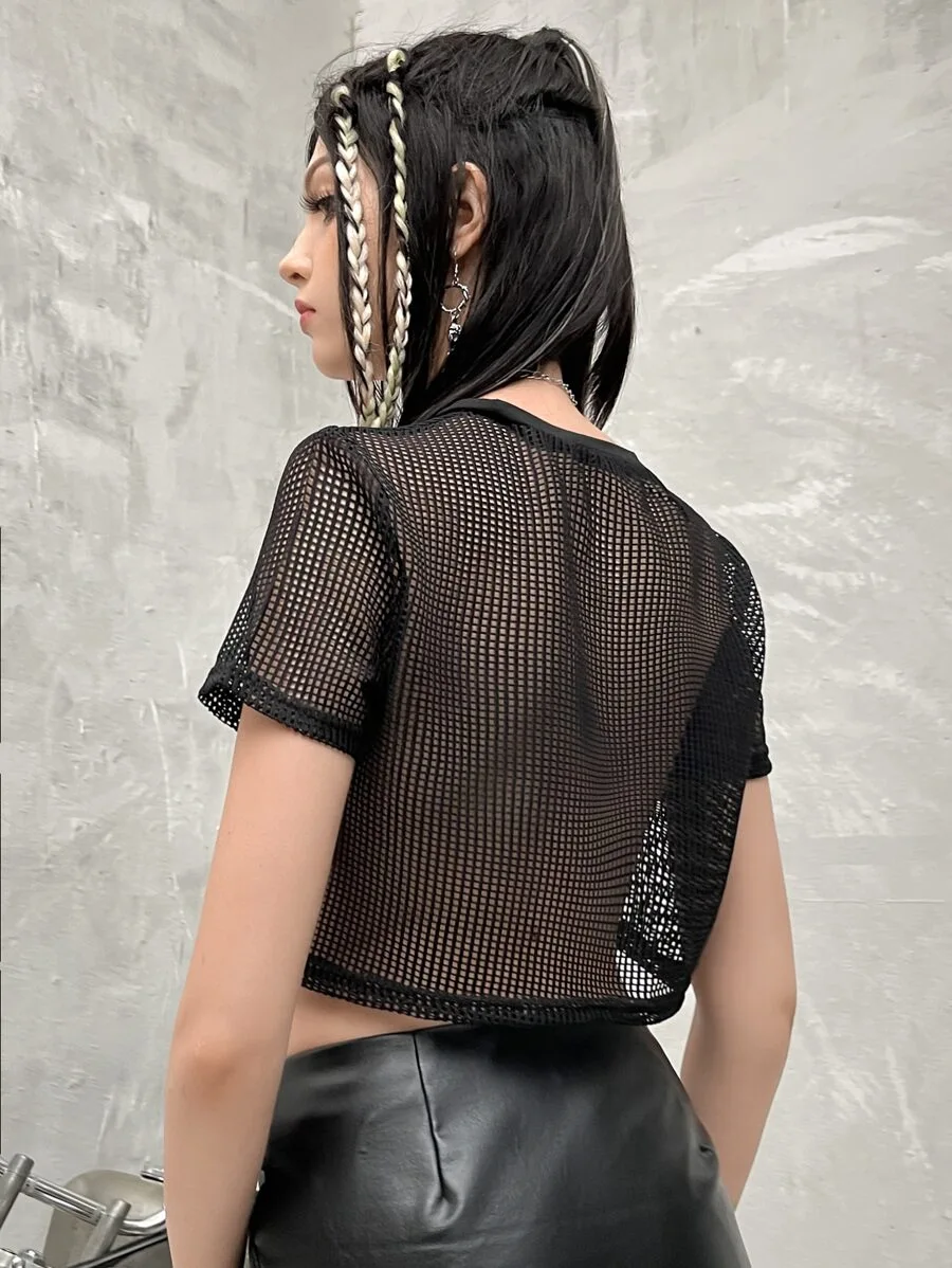 2000년대 섹시 핫걸 펑크 힙합 애니메이션 패턴 프린팅 메쉬 반팔 크롭탑 캐주얼 스트리트웨어 라운드넥 홀로우 티셔츠