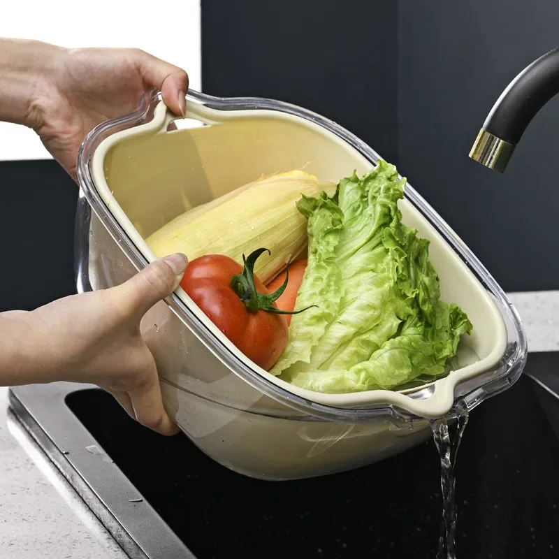 Handheld 2-Layer Kitchen Colander Drain Basket, Multi-Function Vegetable & Fruit Strainer, Rice Washer Basket with 8-Piece Set