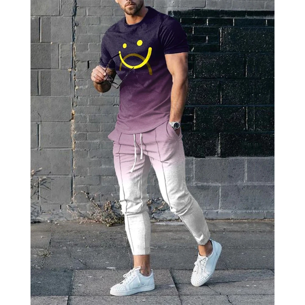 New Summer Men\'s T Shirt Set Short Sleeve Tracksuit Daily Casual 2 Piece 3D Smiling Face Printing Fashion Cool Streetwear Suit