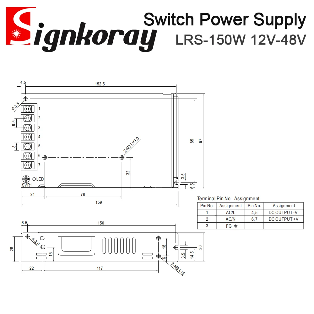 SignkoRay MeanWell 150W Switch Power Supply LRS-150 12-48V Single Output for Laser Machine