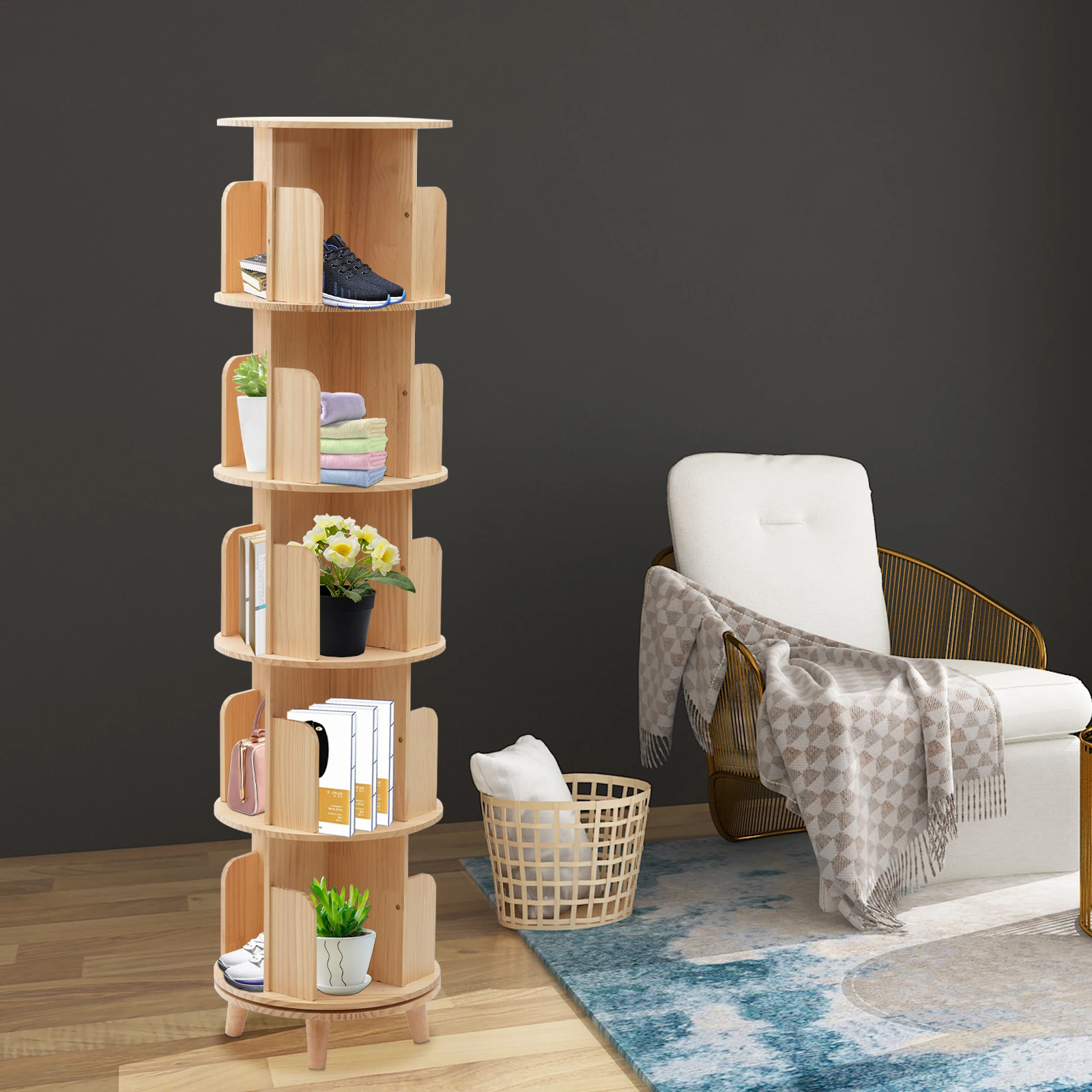 

5-tier Wood 360° Rotating Stackable Shelves Bookshelf Organizer, PVC Narrow Bookcase Storage Rack for Bedroom Living Room