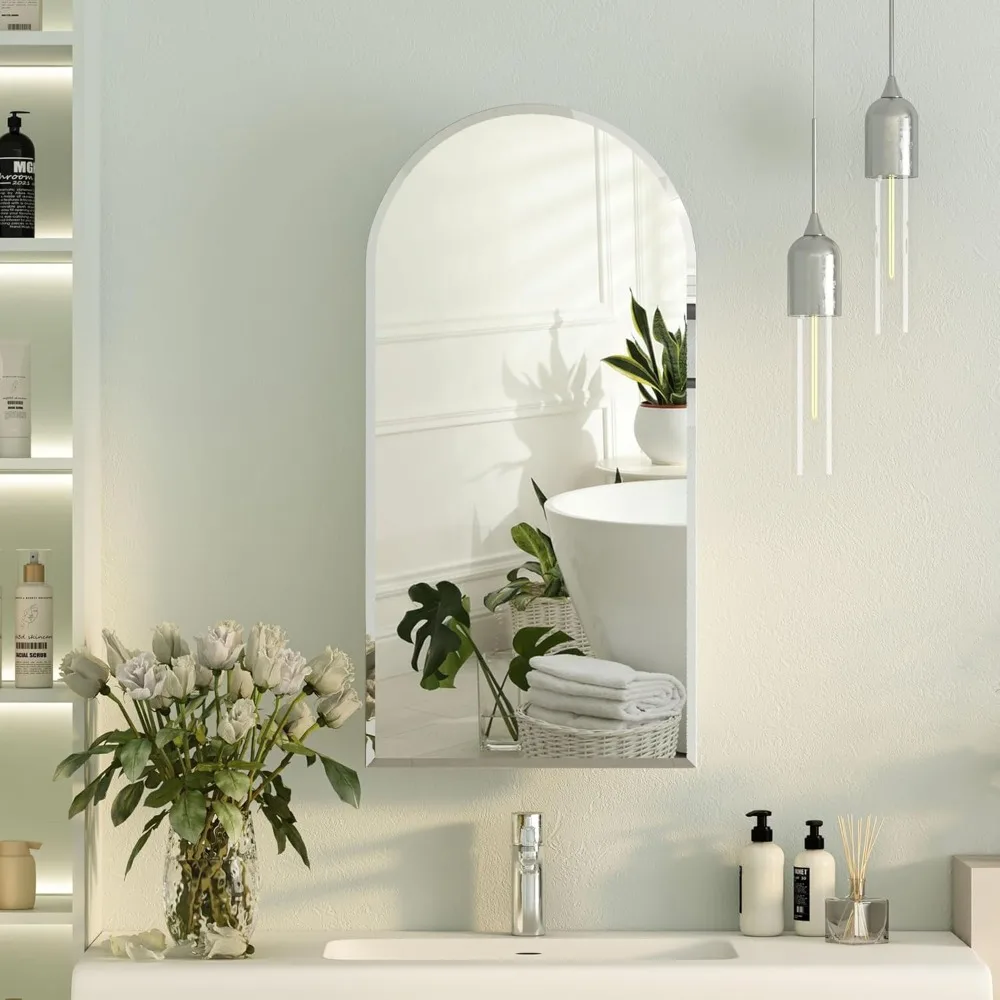 

Arched Recessed Medicine Cabinet with Mirror, Frameless Arched Mirror Medicine Cabinet for Bathroom, Mirrored Cabinet