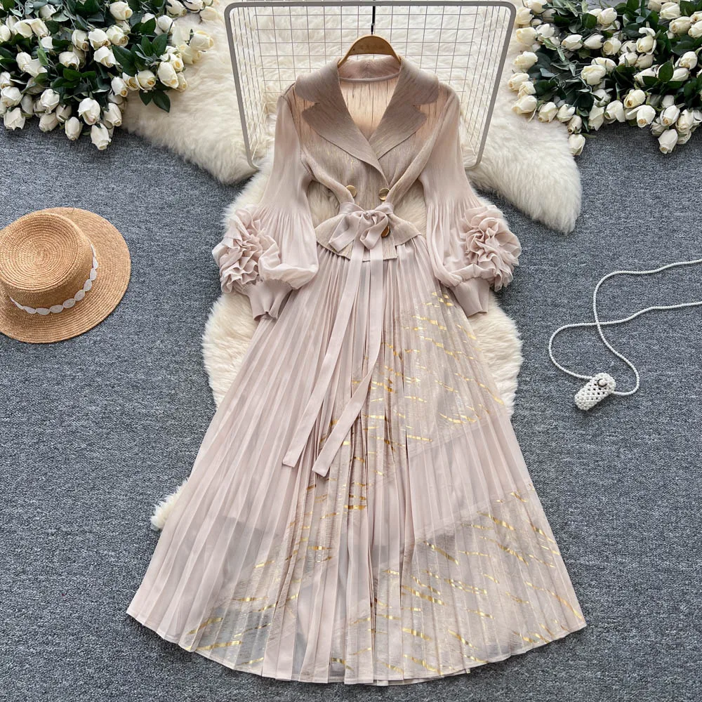 Chique sexy elegante driedimensionale bloemen ruches met lange mouwen A-lijn fee herfst vestidos deel dameskleding