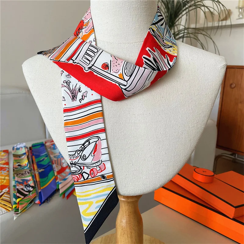 100% Silk High Quality Luxury Brand Scarf Women Headband Hair Band Foulard Tie Ribbon Neckerchief Skinny Scarves Accessories