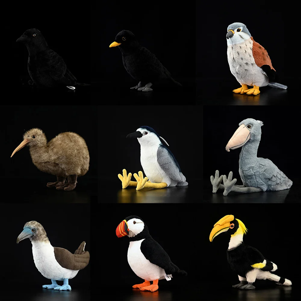 

Реалистичные плюшевые игрушки: птицы (шоубилл, ворон, пухин, киви, ночная чайка, большой горнобилл, черная птица), мягкие куклы-животные, подарки