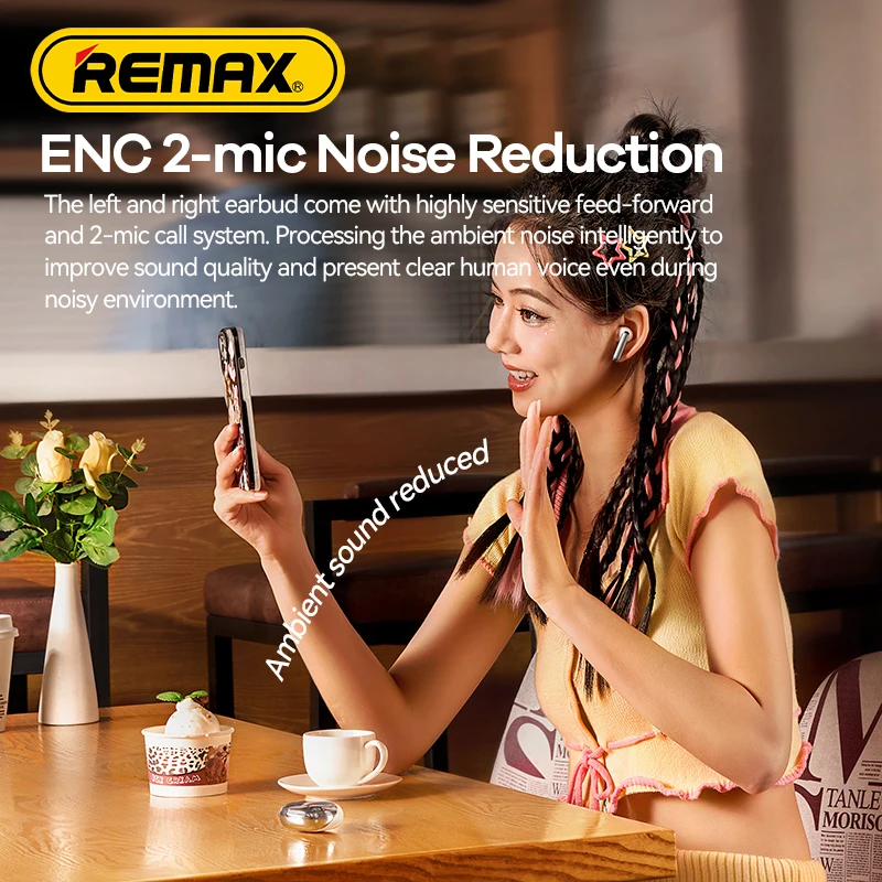 REMAX CozyBuds W13 ENC True Wireless Earbuds Noise Canceling Bluetooth Earphone Dual-Mic for Call and Music