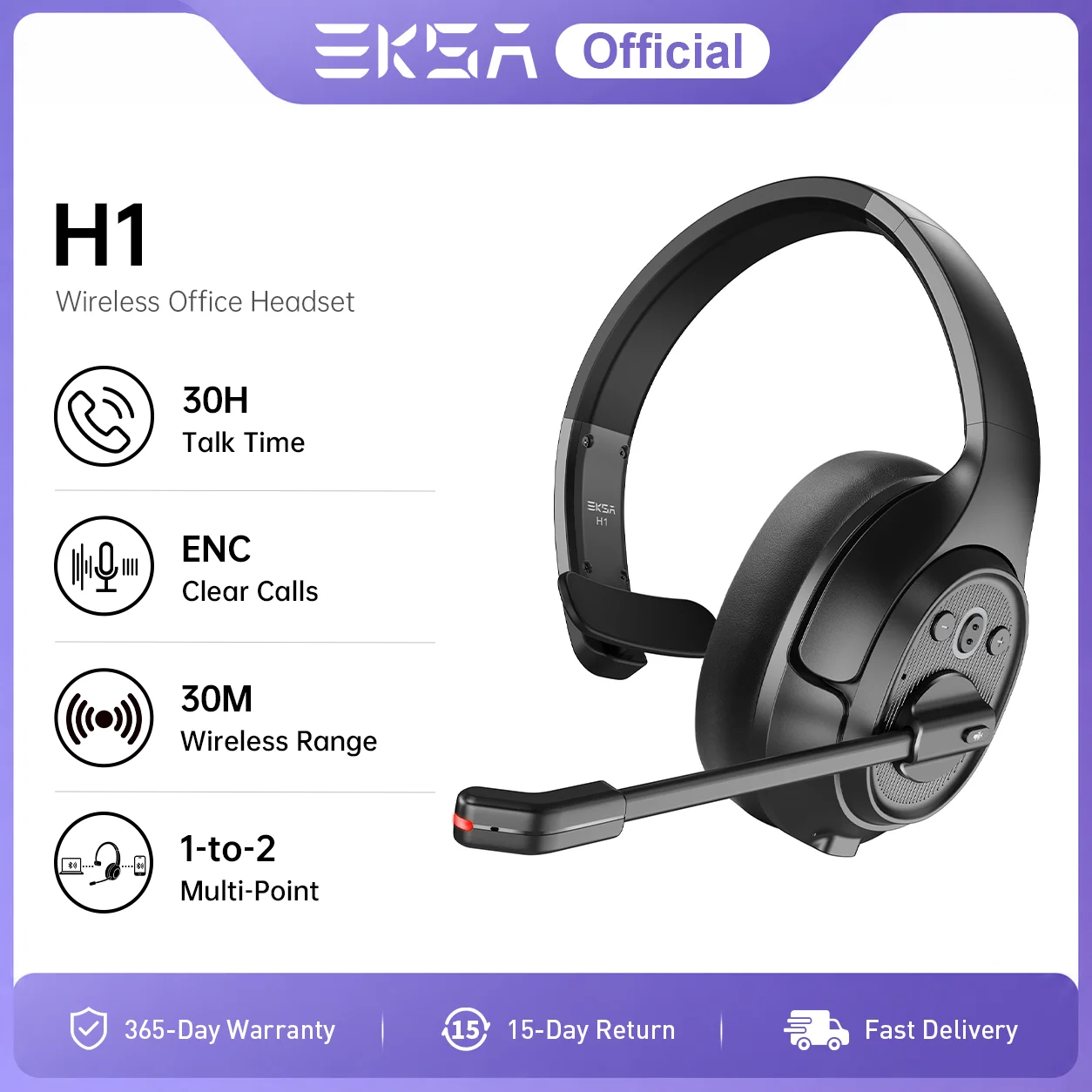 EKSA H1 Noise Cancelling Bluetooth Headset with Mic Wireless AI-Powered ENC Headphones On Ear Headsets Mute Button  for Trucker