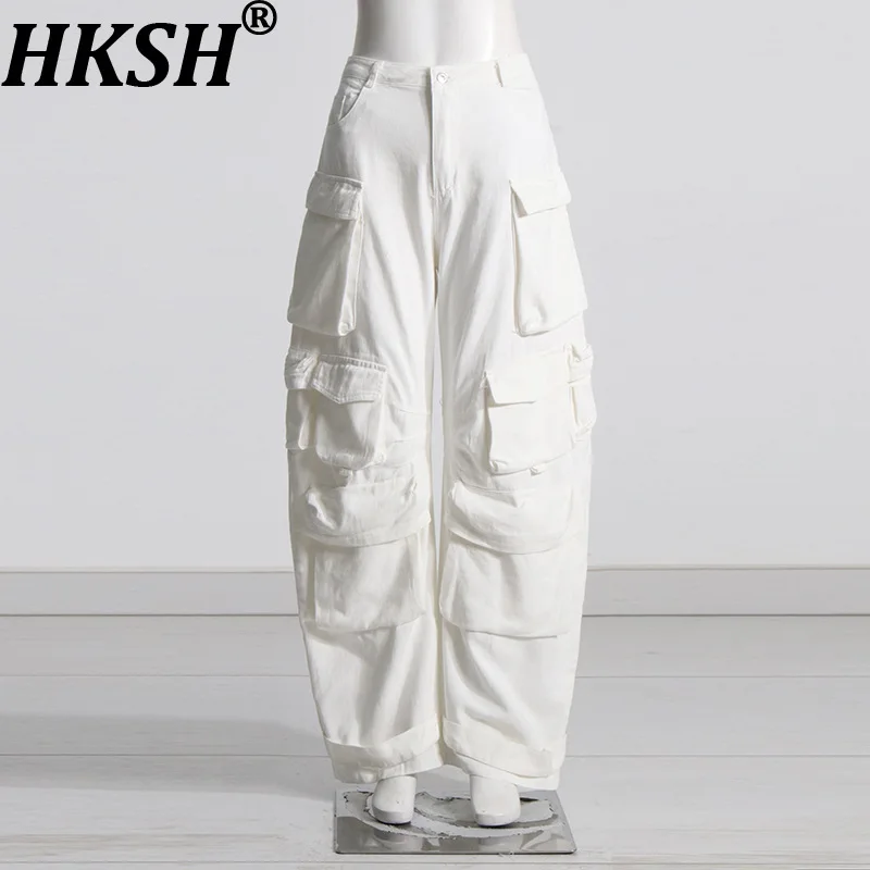 

HKSH Women Casual Jeans Multi-pocket Solid Color Elegant High Street Trendy Retro Safari Style Denim Pants Spring Autumn HK22304