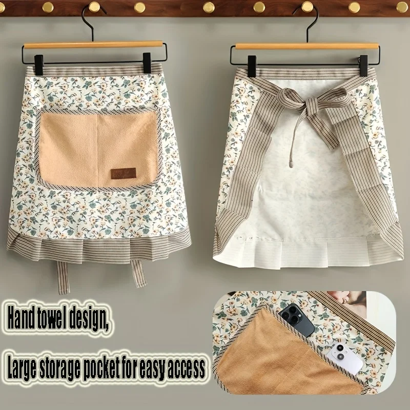 Canvas Flower Half-length Apron Female Kitchen Household Work Clothes Anti-fouling Wear-resistant Cooking Half-waist Apron