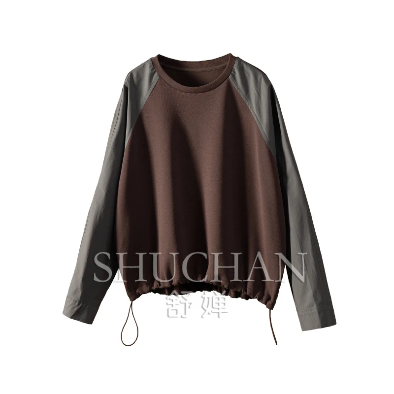 

Foreign Style Relaxation Loose Fashion Splicing Contrasting Color Long-sleeved Hem Drawstring Sweatershirt Women