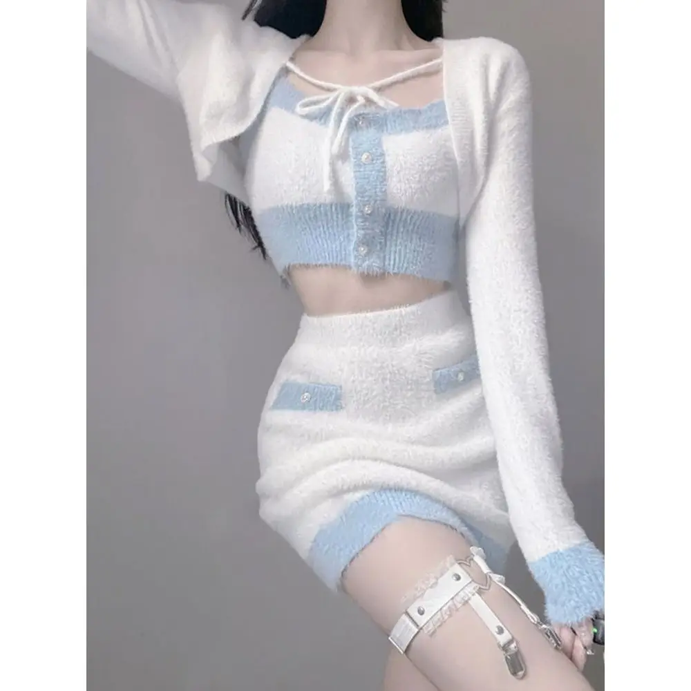 Autumn Knitted Suits Casual Long Sleeve Y2k Crop Tops + Mini Skirts Korean Fashion 3 Piece Dress Set Women 2023 Party Clothing