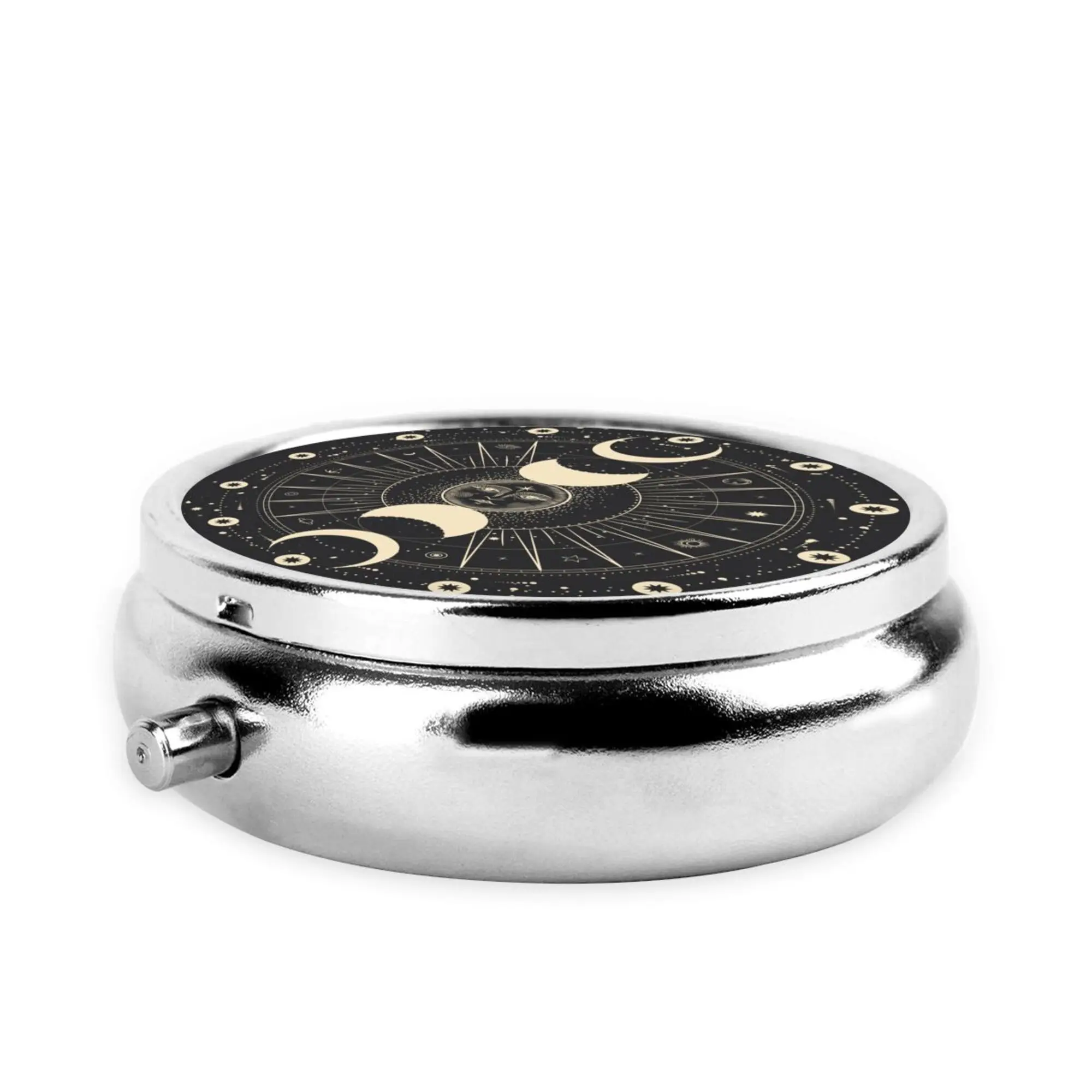 Metal Round Pill Box Moon Star Mystic Sun Astrology Tarot Goth Medicine Case Organizer 3 Compartment Container for Purse Vitamin