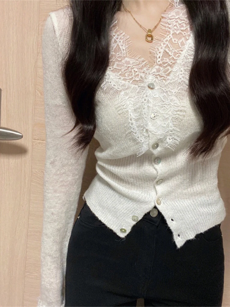 

Ele V-Ne Lace Splice Knitted Open Cardigan Women's Slim Fit Elastic Sweater Top French Sle Soft Long Sve Knitwear