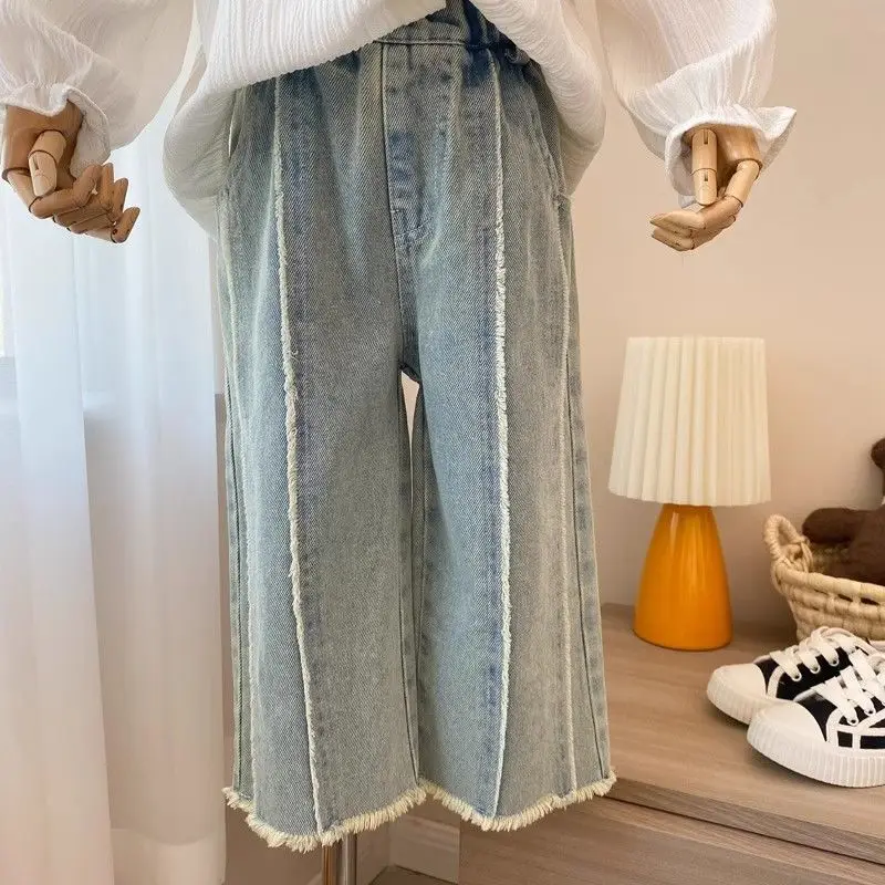 Fashion Girls\' Jeans Autumn 2024 New Raw Edge Straight Denim Trousers Korean Baby Girls Loose Versatile Wide Leg Pants