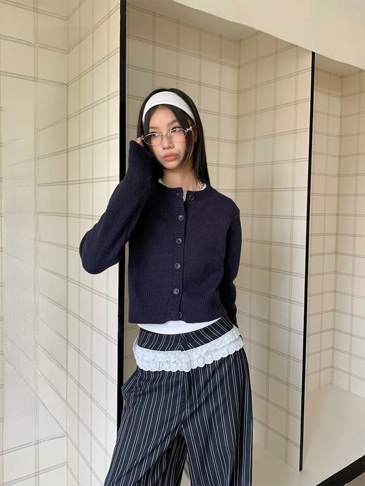 

Синий вязаный кардиган-свитер для женщин, осенне-зимняя верхняя одежда, повседневный модный топ с длинными рукавами