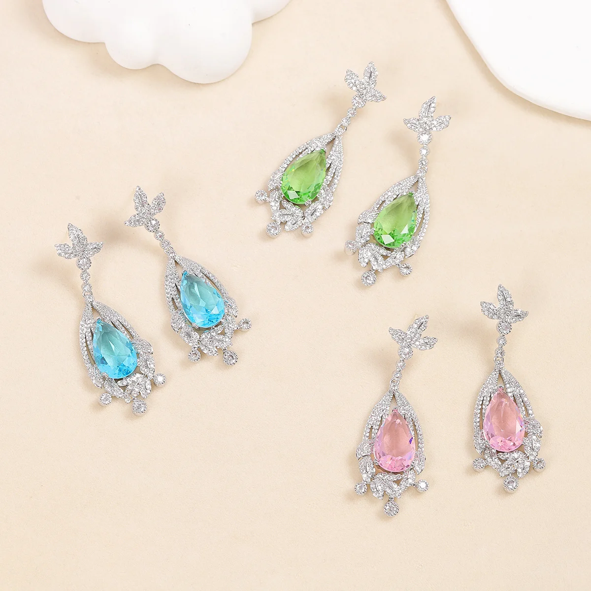

925 Silver Needle Multicolor Gemstone Teardrop Drop Earrings, Luxury Bridal Wedding Jewelry Gift for Women