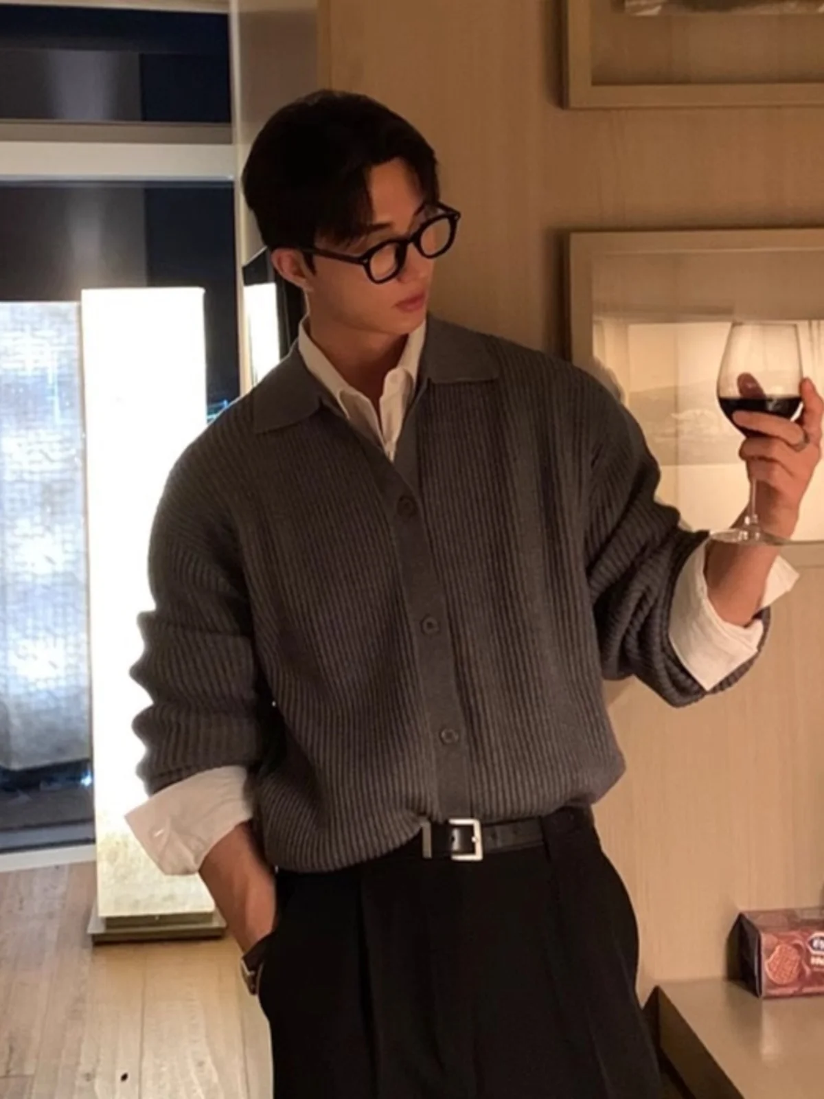 

Chunqiu Korean Sle Coffee Colored Collar Knitted Sweater Coat Men's Long Sve Dongdaemun Men's Faion Trend Open Cardiga...